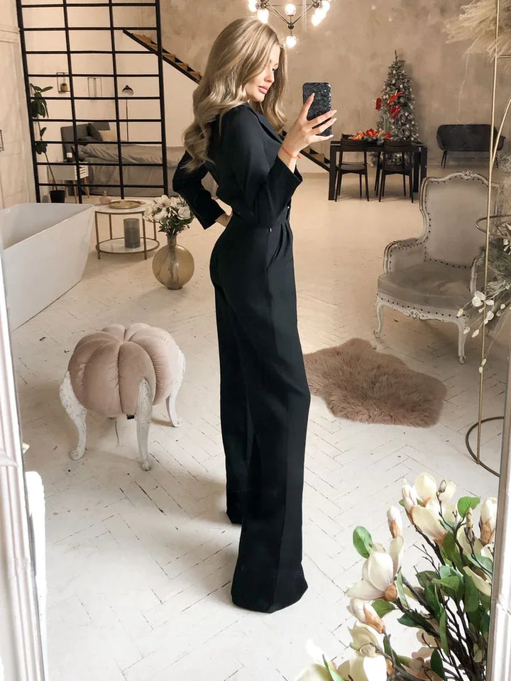 Koscy Graceful V-Neck Long Sleeves Black Jump Suit