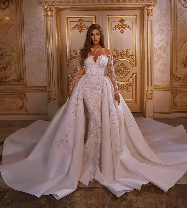Bmbride Luxurious Long Mermaid Sweetheart Satin Sweep Train Floral Appliques Bridal Gown with Sleeves