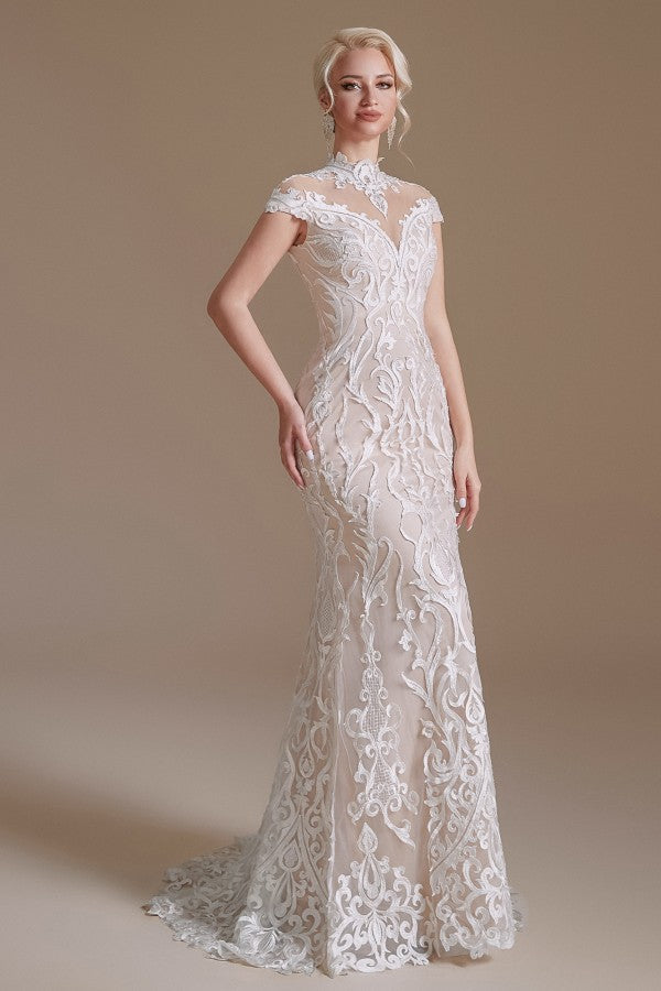 Bmbride Long Sleeve Vintage Lace High-neck Mermaid Wedding Dress