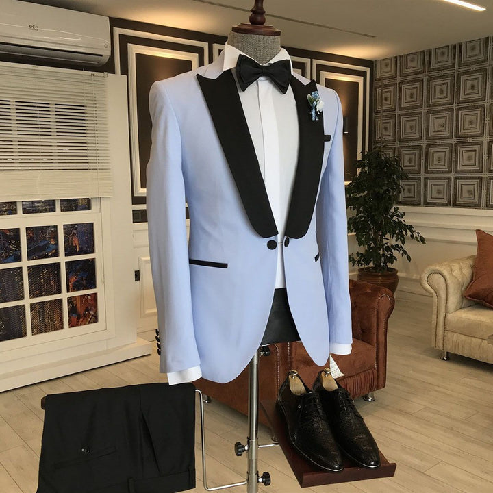 Koscy New Sky Blue Western Wedding Suit with Black Peaked Lapel