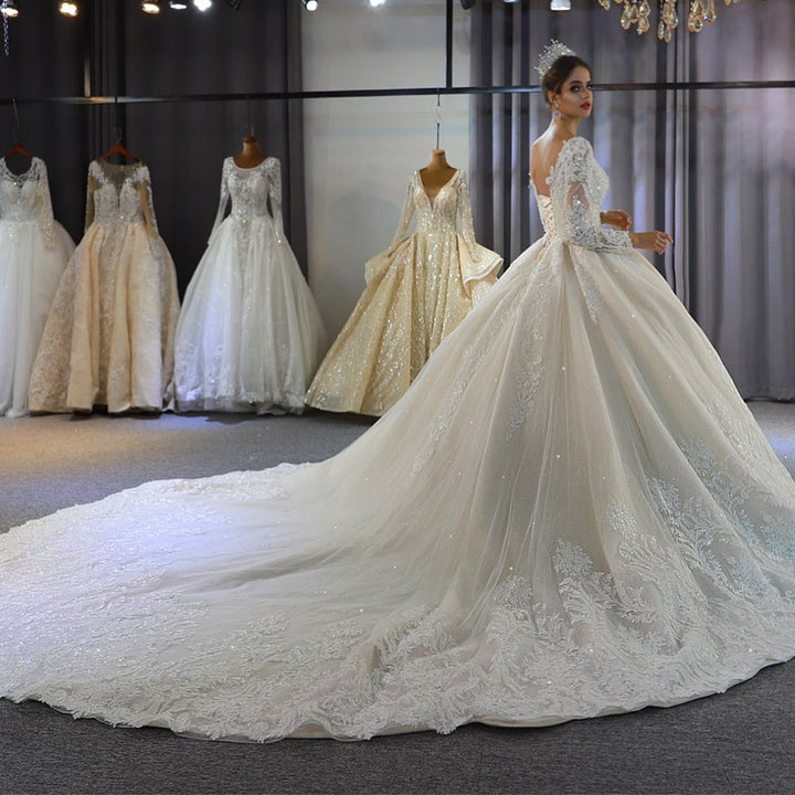 Bmbride Elegant Train A-Line Sweetheart Backless Long Sleeve Appliques Lace Sequins Bridal Gown