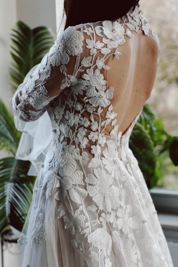 Bmbride Long A-line High Neck Tulle Lace Wedding Dresses with Sleeves
