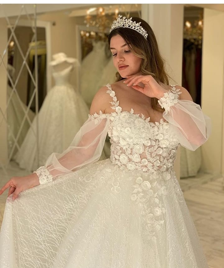 Bmbride A-line Sweetheart Spaghetti Straps Glitter Wedding Dress with Sleeves