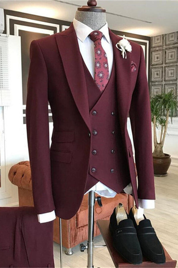 Koscy Modern Burgundy Three-Piece Groom Suit with Peaked Lapel for Prom