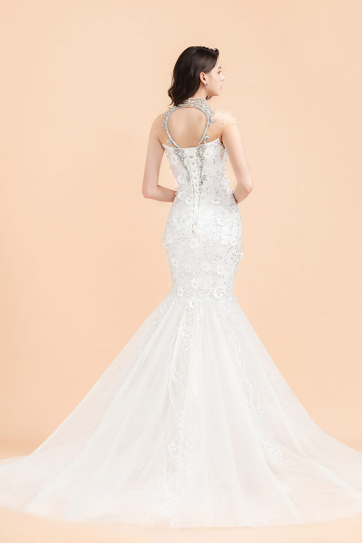 Bmbride Crystal Beads Tulle Mermaid Wedding Dress with Appliques