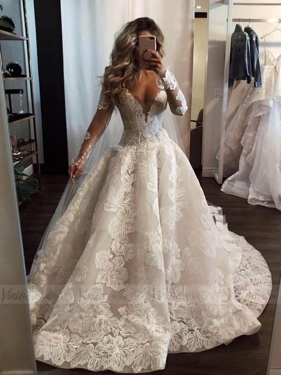 Bmbride Deep V-neck Long Sleeve Appliques Lace Pearl Floor-length A-Line Wedding Dress