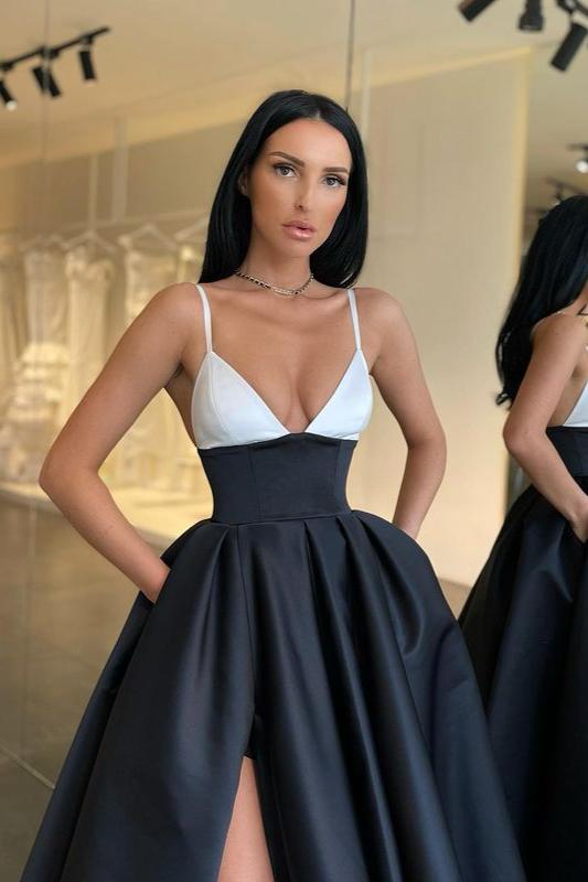 Spaghetti-Straps Prom Dress in Black and White