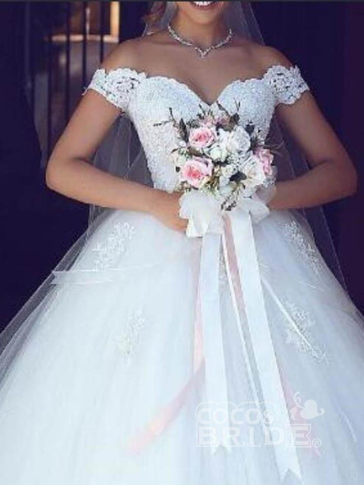 Bmbride Off-the-Shoulder Lace Ball Gown Tulle Wedding Dress