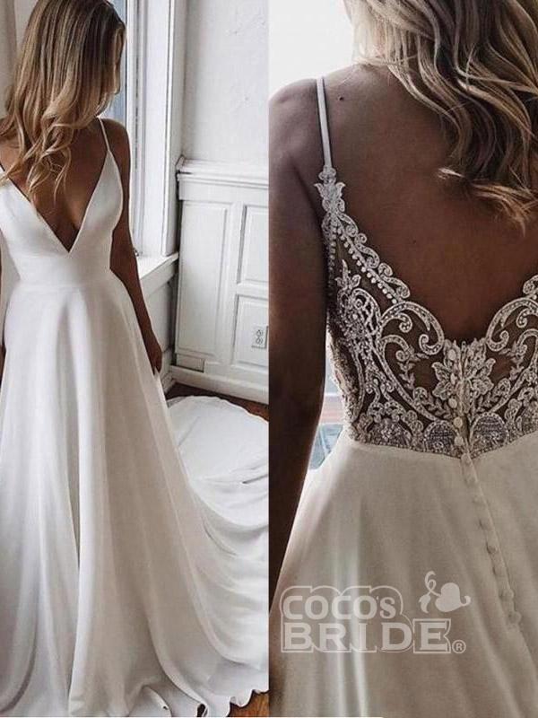 Bmbride Boho Wedding Dresses Simple V Neck Chiffon A Line with Covered Buttons