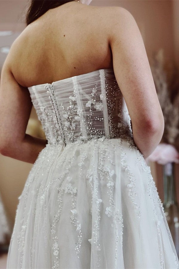 Bmbride Elegant Long A-line Sweetheart Tulle Lace Wedding Dress with Slit