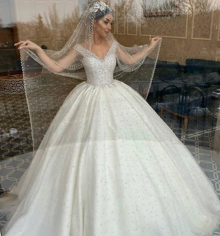 Bmbride Sweetheart Off-the-Shoulder Backless Pearl Beading Ruffles Tulle Ball Gown Wedding Dress