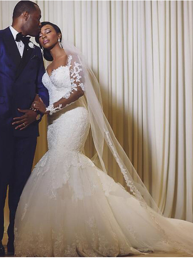 Bmbride Mermaid Trumpet Wedding Dresses Scoop Neck Court Train Organza Long Sleeve Sexy Wedding Dress in Color