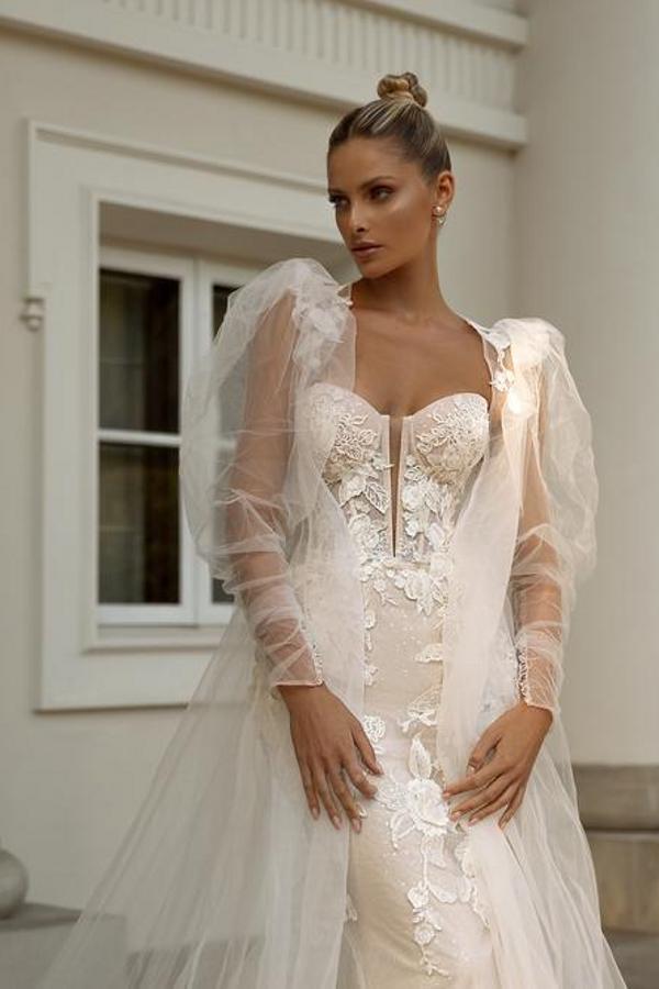 Bmbride Long Mermaid Sweetheart Tulle Lace Wedding Dresses with Jacket