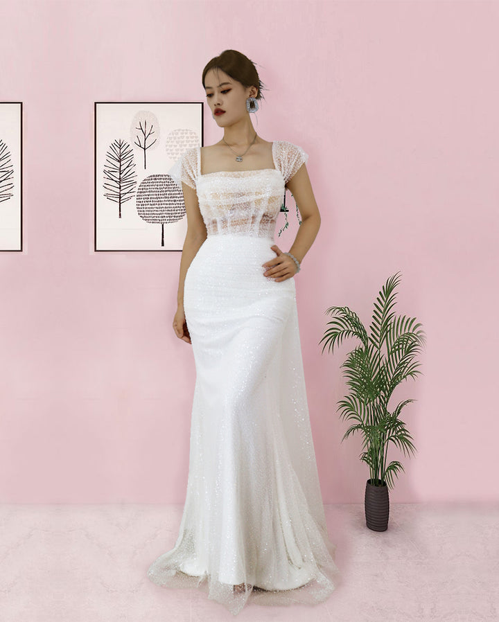 Long Tulle White Spaghetti Strap Sleeveless Elegant Prom Dress