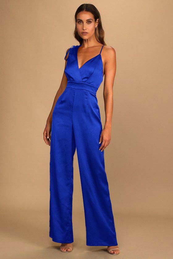 Koscy Retro Emerald Green Satin Asymmetrical Wide-Leg Jump Suit