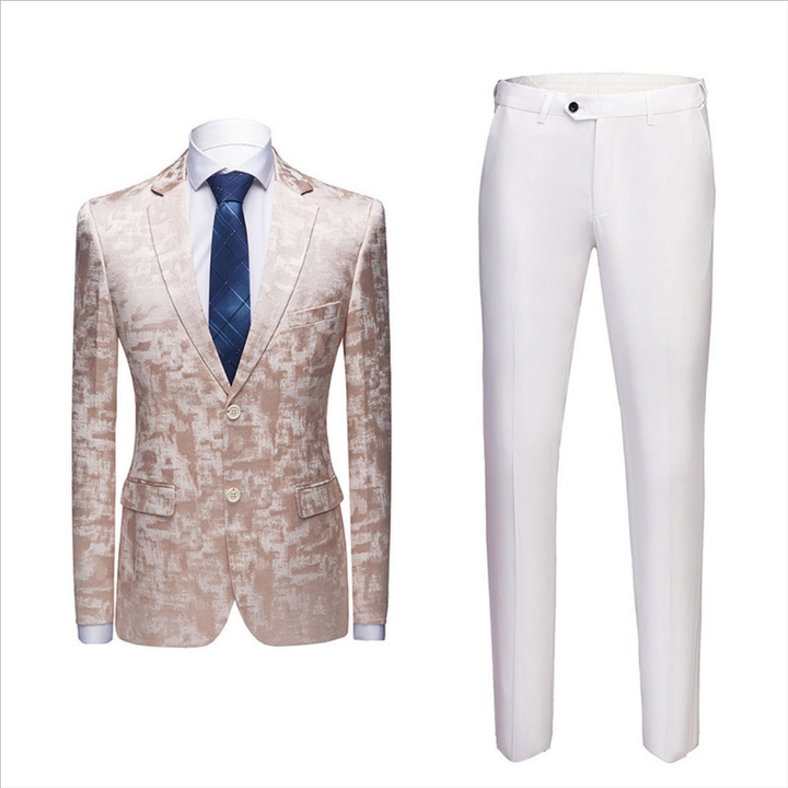 Koscy Popular Champagne Pink Printed Prom Suit with Notched Lapel