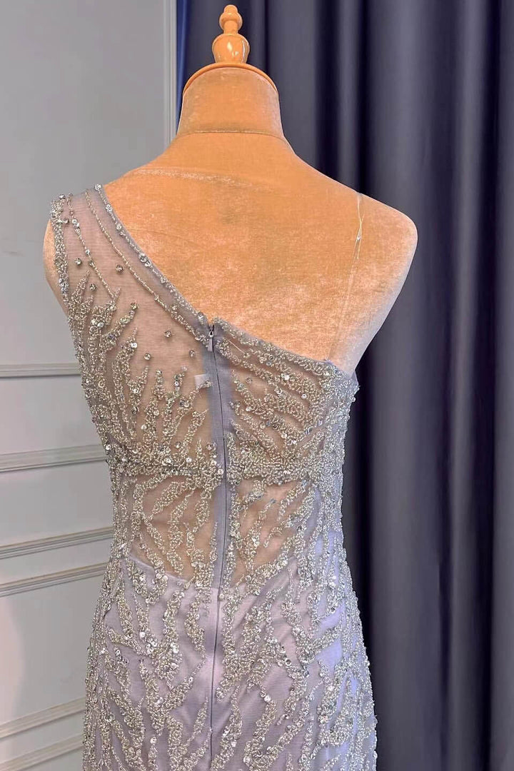 Light Purple Front Split Mermaid Beads One-Shoulder Prom Dress With Long Ruffles Appliques