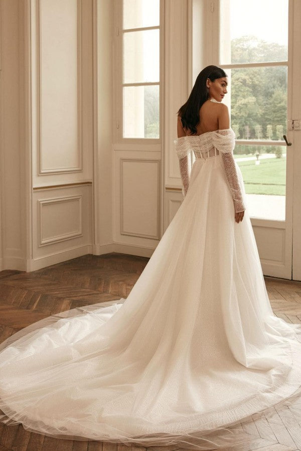 Bmbride Long A-line Off the Shoulder Wedding Dresses with Sleeves Featuring Glitter