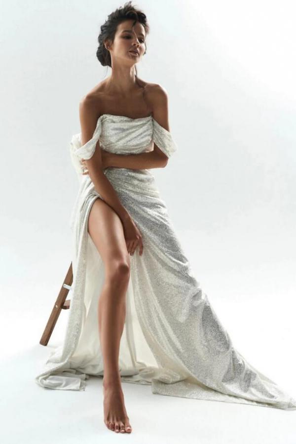 Bmbride Long Mermaid Off the Shoulder Sequined Wedding Dress with Slit