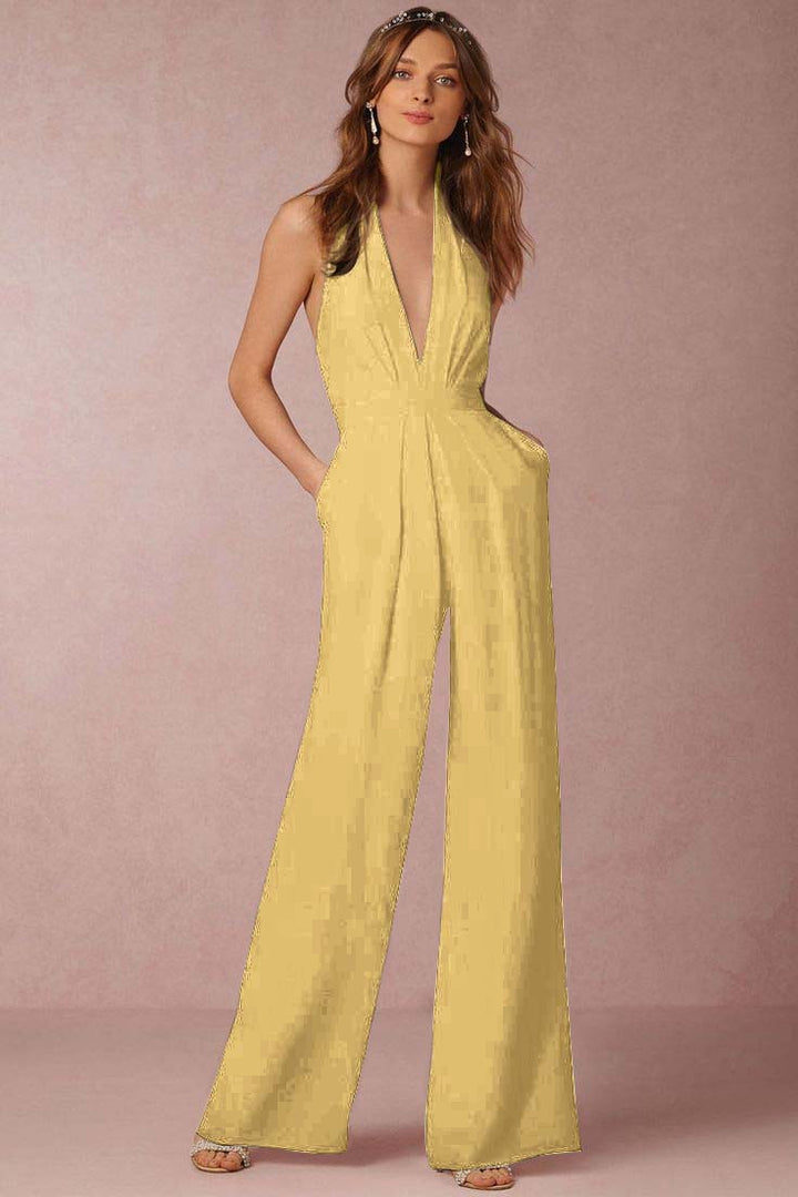 Koscy Casual Black Deep V-Neck Halter Long Daily Jump Suit