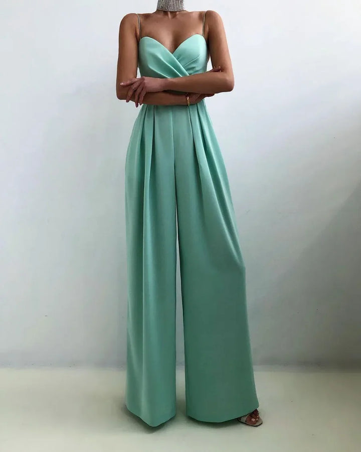 Koscy Chic Spaghetti Strap Sleeveless Mint Green Pleated Jump Suit