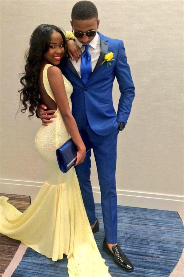 Koscy Royal Blue Two-Piece Wedding Suit with Black Lapel for Groom