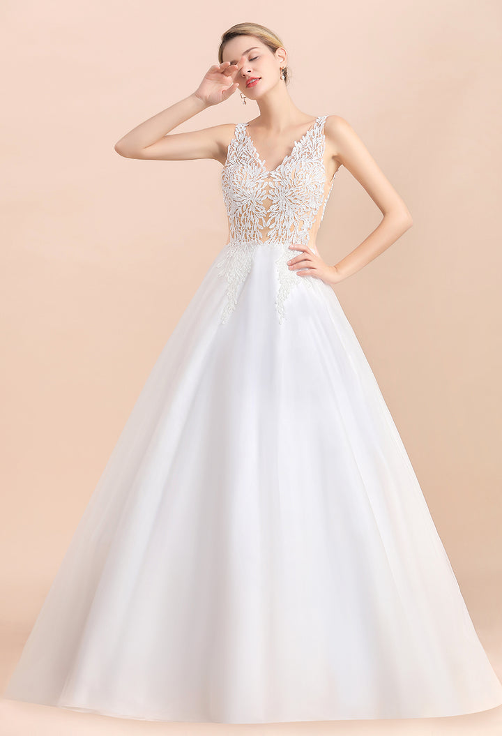 Bmbride Boho Wedding Dress with A-line Straps Tulle Appliques and V-Neck Lace