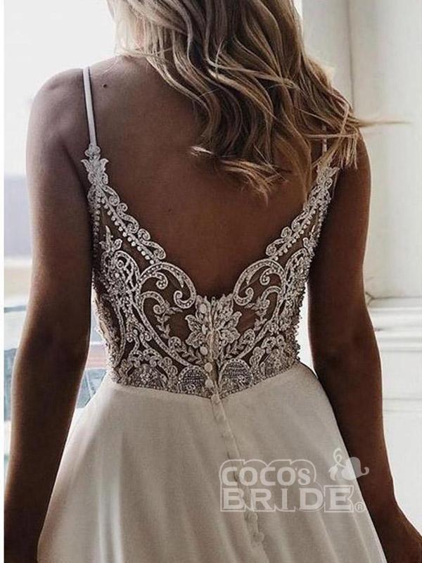 Bmbride Boho Wedding Dresses Simple V Neck Chiffon A Line with Covered Buttons