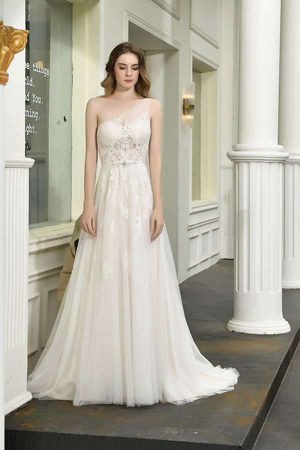 Bmbride Elegant One Shoulder Tulle Lace A-Line Wedding Dress