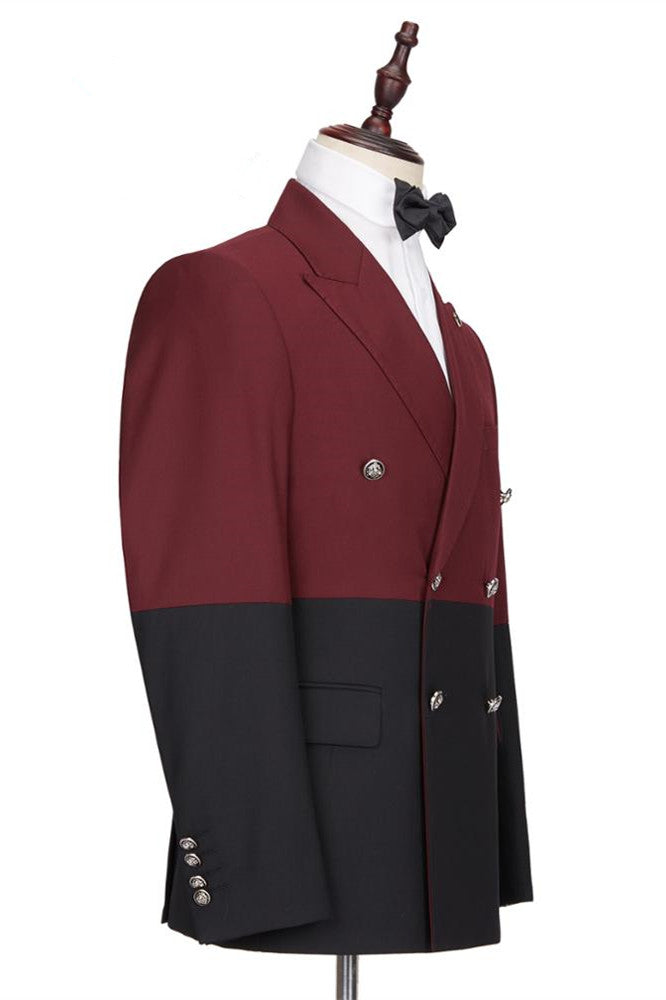 Koscy Fashionable Burgundy and Black Double-Breasted Prom Suit with Peaked Lapel for Men