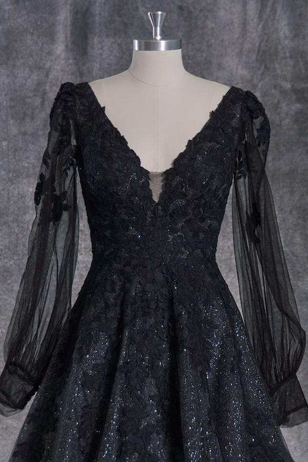 Bmbride Black A-line V-neck Backless Lace Wedding Dress with Long Sleeves
