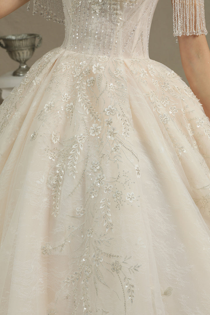 Bmbride CPH224 Off-the-shoulder Tassel Ball Gown Wedding Dress with Appliques and Beads