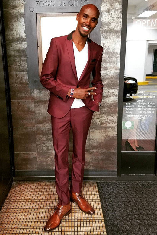 Koscy Handsome Burgundy Peaked Lapel Wedding Suit for Men