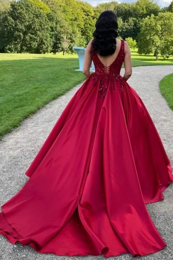 Bmbride Burgundy Square Neck Lace Satin Backless Long Ball Gown Formal Prom Dresses