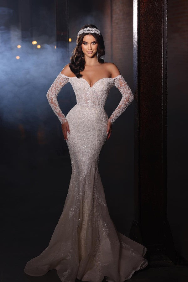Bmbride Long Mermaid Off the Shoulder Lace Wedding Dress with Sleeves