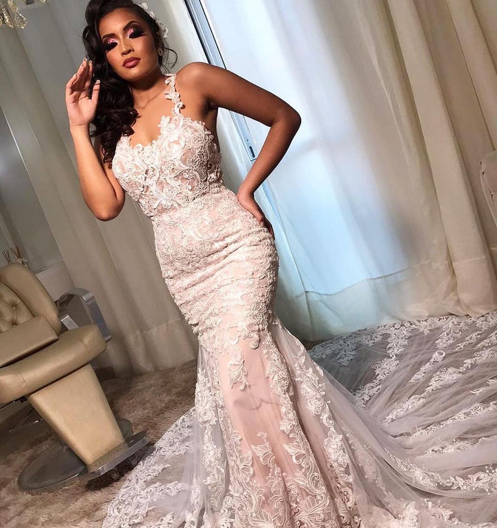 Bmbride Elegant Long Mermaid Spaghetti Straps Open Back Lace Bridal Gown