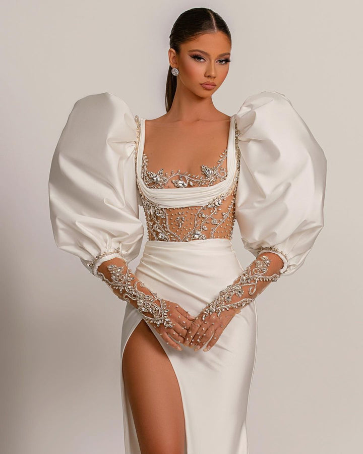 White Evening Dress with Square Bubble Sleeves and High Split