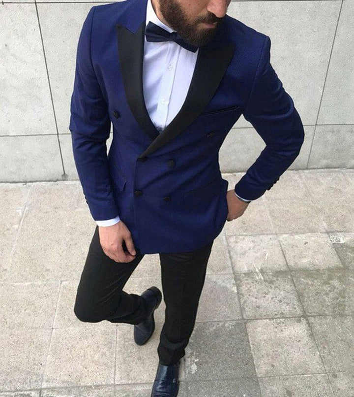 Koscy Fashion Double Breasted Peaked Lapel Prom Suits, Navy Blue for Guys