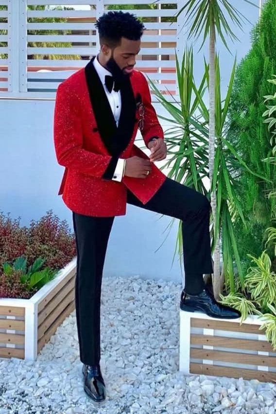 Koscy Modern Black Velvet Lapel Wedding Suit with Sparkle for Grooms
