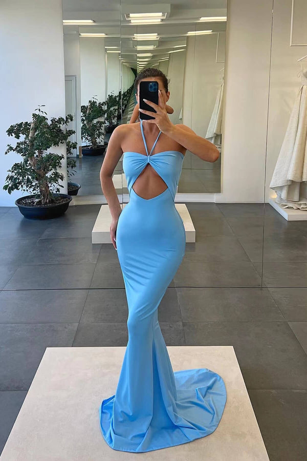 Online Blue Halter Strapless Mermaid Evening Dress With Sleeveless