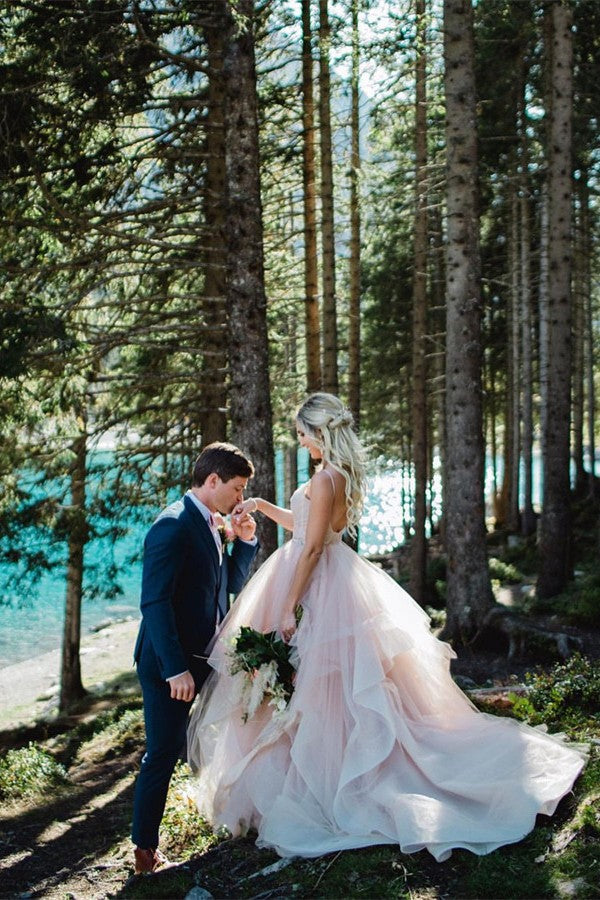 Bmbride Gorgeous Long Ball Gown V-neck Tulle Backless Bridal Gowns