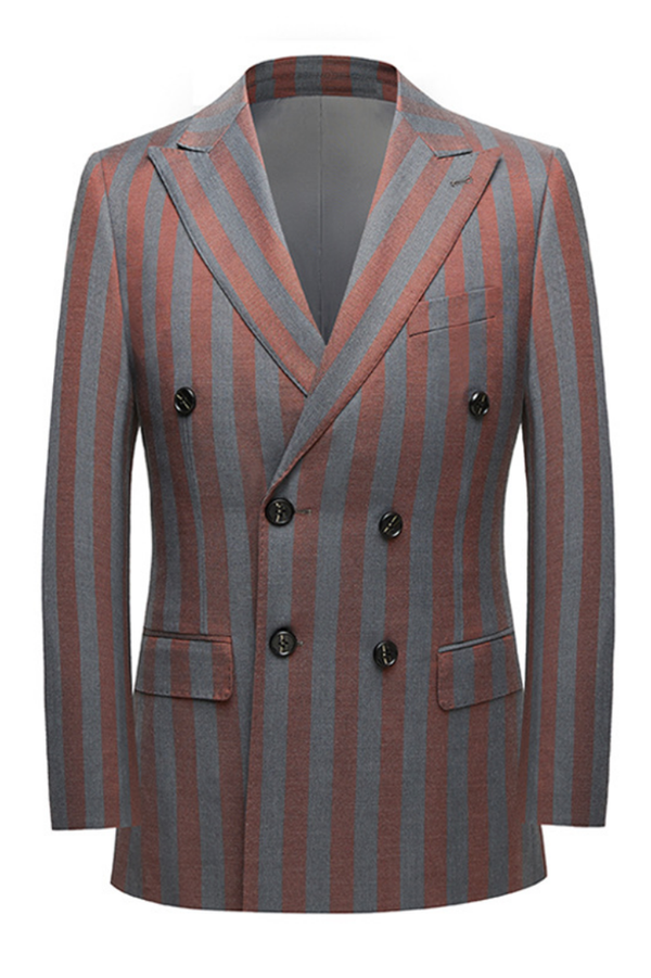 Koscy Casual Red and Gray Striped Summer Wedding Suit with Double-Breasted Style