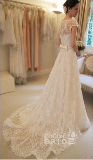 Bmbride Ivory Beach Wedding Dress with Cap Sleeve Lace and Court Train