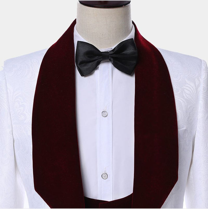Koscy Burgundy Jacquard Wedding Suit - White Jacquard for Groom 2024, Online