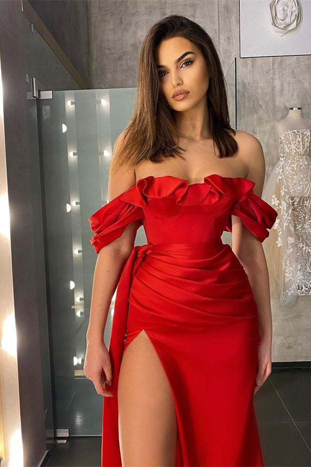 Off-the-Shoulder Prom Dress in Red with Long Slit and Ruffles