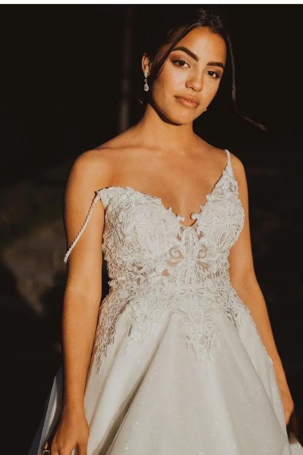 Bmbride Long A-line V-neck Spaghetti Straps Tulle Lace Backless Wedding Dress