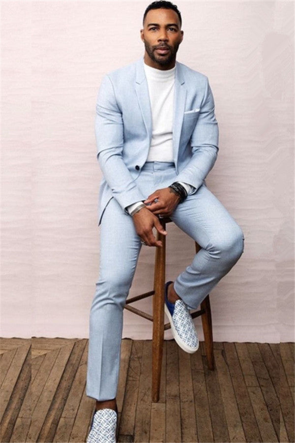 Koscy Elegant Sky Blue Bespoke Summer Wedding Suit with One Button