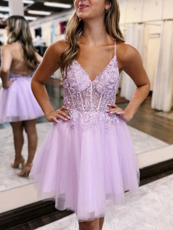 Koscy A-Line Backless Tulle Appliqued Homecoming Dress