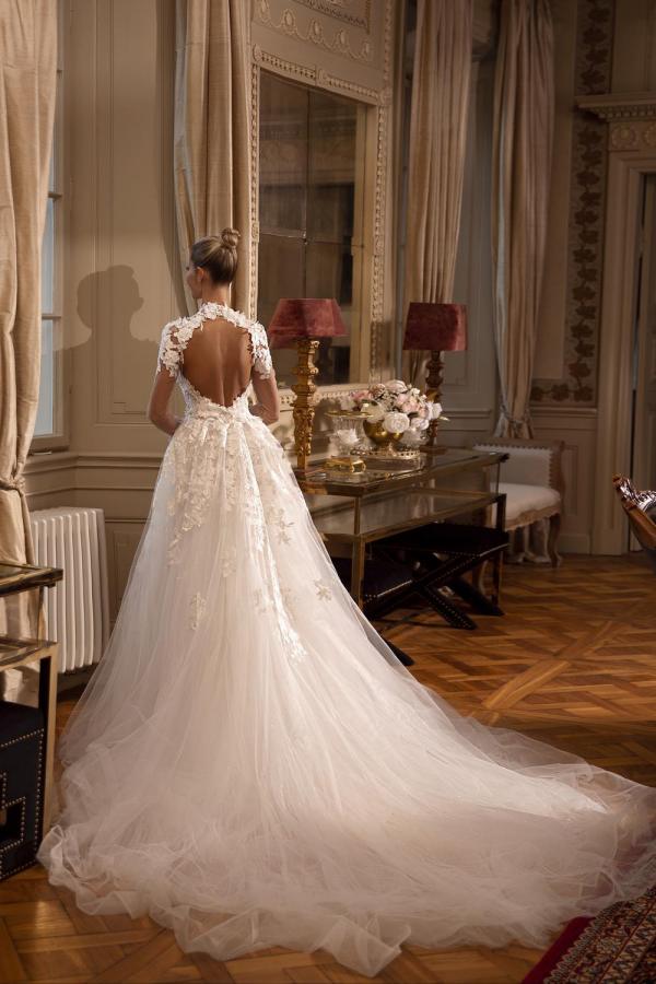 Bmbride Long A-line High Neck Tulle Lace Backless Wedding Dress with Slit
