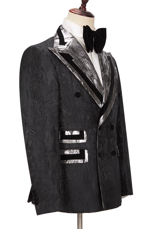 Koscy Stylish Black Double-Breasted Wedding Suit with Peaked Lapel for Groom